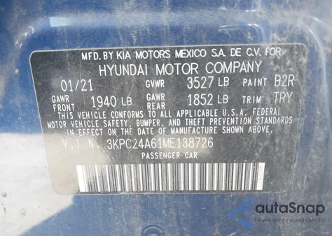 2021 Hyundai Accent Se из США, поврежденный, VIN 3KPC24A61ME138726
